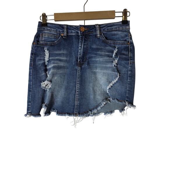 INDIGO REIN Blue Lightweight Denim Distressed Frayed Cut-Off Skirt SZ 5 - Picture 1 of 9